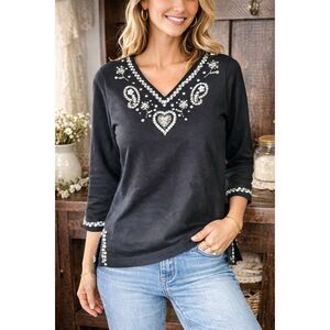 Quacker Factory Black Sequin Top XS 3/4 Sleeve Embellished Heart Paisley Bling